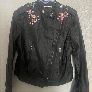 Willow & Clay Black Leather Jacket with Floral Embroidery